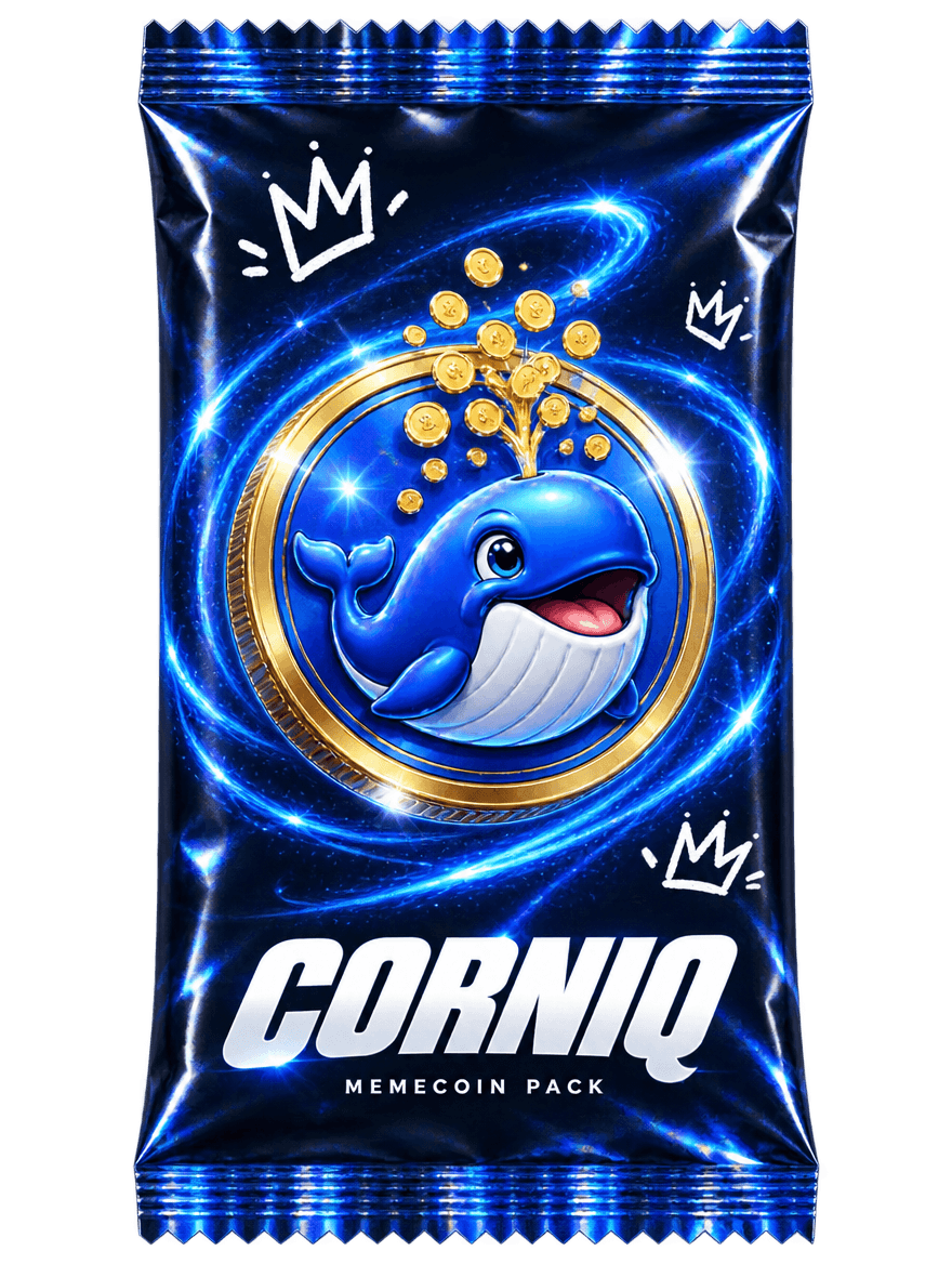 Sealed CORNIQ memecoin pack with a whale coin spouting gold